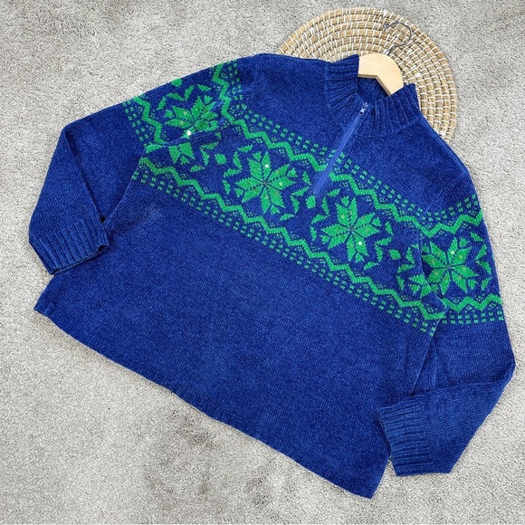 Quacker Factory 1/4 Zip Pullover Sweater Sequins Snowflake Winter Blue Green XL - Picture 1 of 12